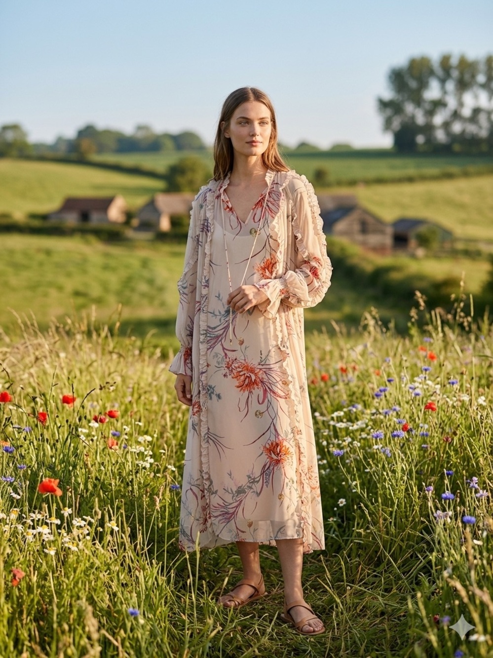 H&M Blush Floral Maxi Dress with Sheer Ruffle Overlay
